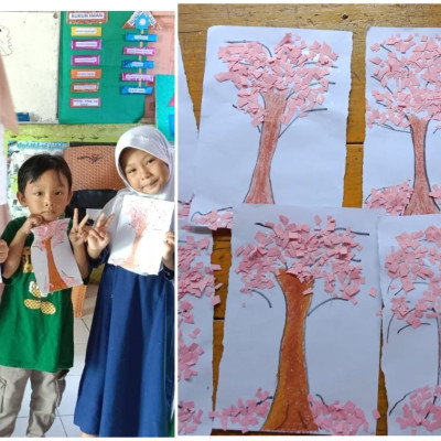 Peserta Didik RA Anugrah Menempel Bunga Sakura Dengan Potongan Kertas Origami