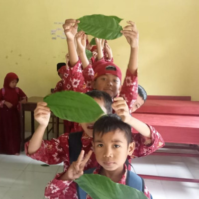 Peserta Didik MI As’adiyah Kindang Belajar Pantun Yang Ditulis di Selembar Daun